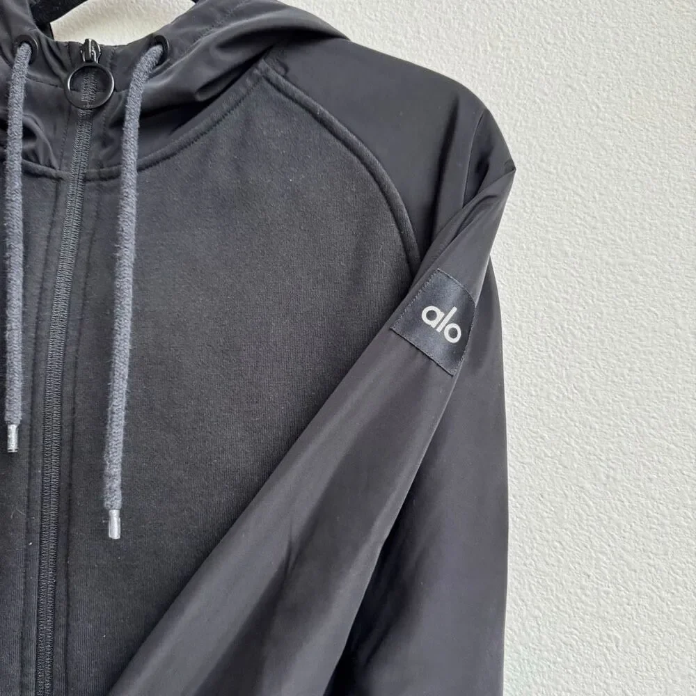 Alo Black Full Zip Hooded Cozy Relaxed Oversized Nylon Coat Size Medium/Large